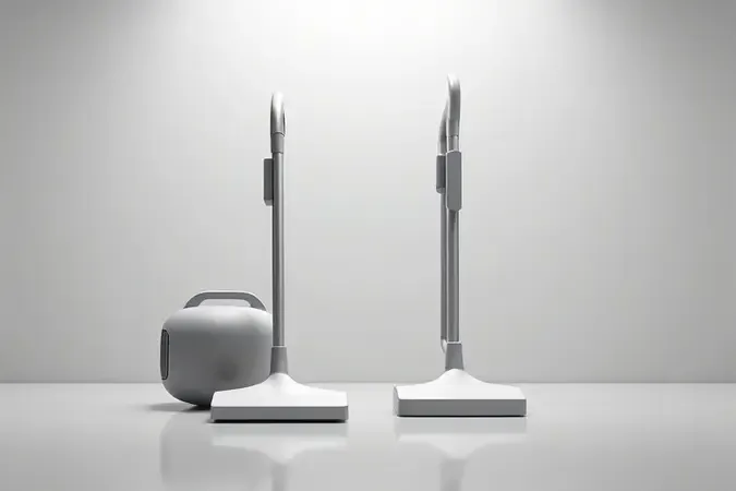 Comparação conceitual entre aspirador horizontal e vertical em render 3D minimalista.