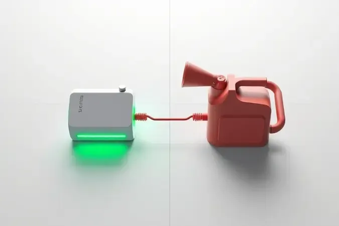 Conceito visual comparando alimentação por bateria e gasolina para soprador de folhas em render 3D.