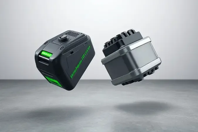 Renderização 3D conceitual comparando bateria de lítio e bateria intercambiável para ferramentas sem fio.