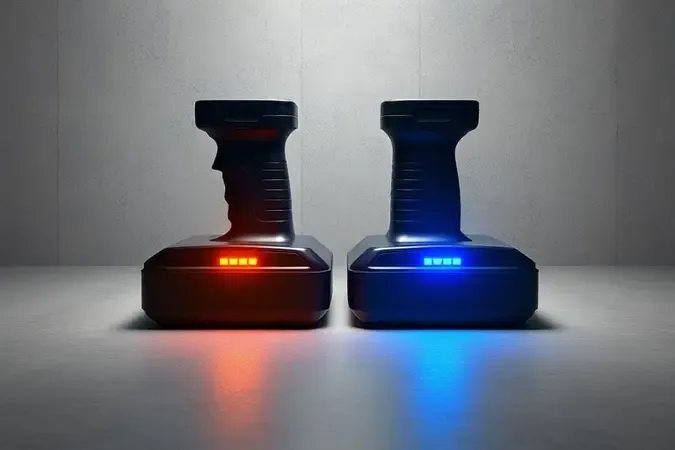 Conceito 3D comparando baterias de parafusadeira com diferentes indicadores luminosos de tensão em fundo neutro
