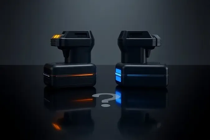 Renderização 3D conceitual de duas baterias idênticas de parafusadeira lado a lado comparando voltagens nominais 18V e 20V MAX