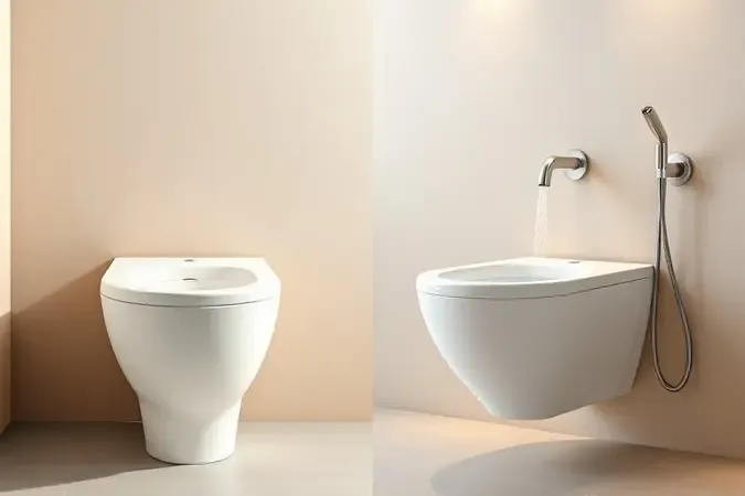 Comparação conceitual entre bidê tradicional de porcelana e ducha higiênica moderna em render 3D