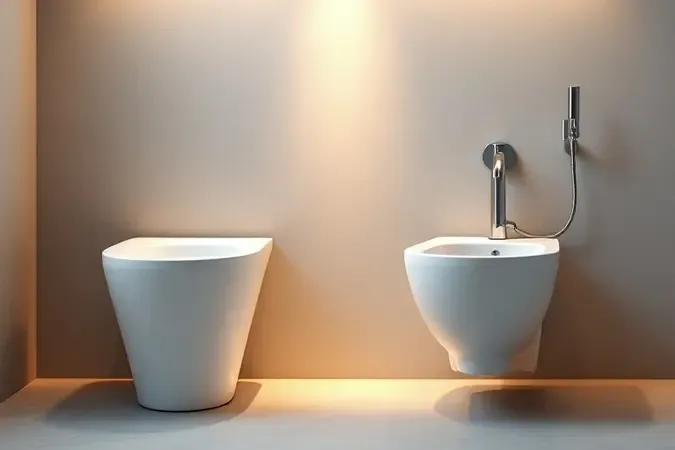 Renderização 3D conceitual comparando bidê tradicional de porcelana branca com ducha higiênica moderna lado a lado.