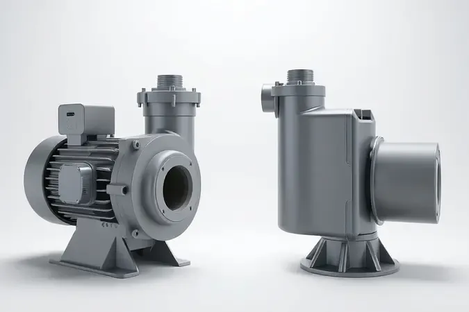 Comparação visual entre bomba periférica e bomba submersível em renderização 3D destacando diferenças estruturais.