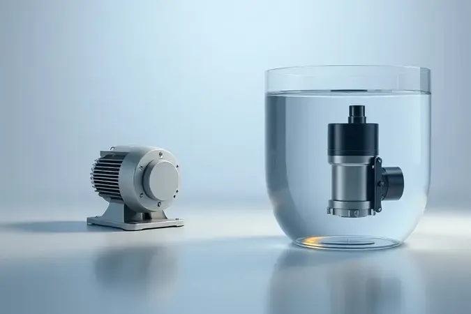 Comparação visual 3D entre bomba periférica de superfície e bomba submersível parcialmente dentro d'água.