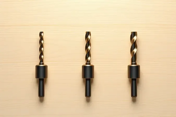 Três brocas para madeira de diferentes tamanhos e designs alinhadas sobre superfície de madeira clara em composição minimalista 3D