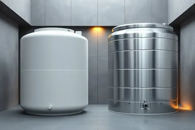 Comparação visual 3D entre caixa d'água de plástico e de metal com acabamentos realistas lado a lado