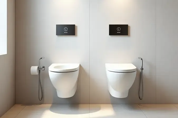 Comparação visual entre modelos de caixa de descarga alta e baixa em banheiro moderno com iluminação profissional.