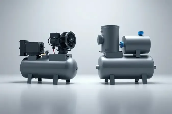 Render 3D comparativo entre compressor de ar direto e modelo com reservatório lado a lado em composição limpa.