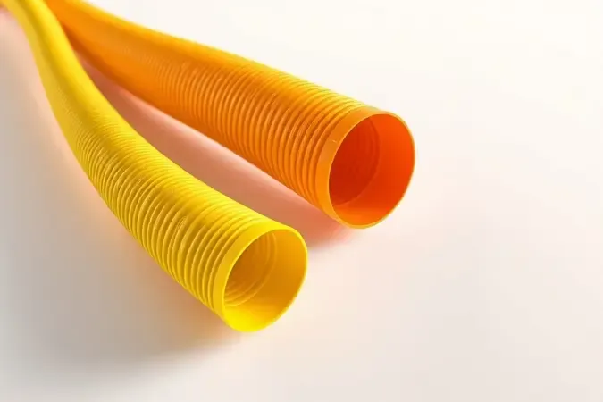 Renderização 3D comparando conduítes corrugados nas cores amarelo e laranja sobre superfície limpa.