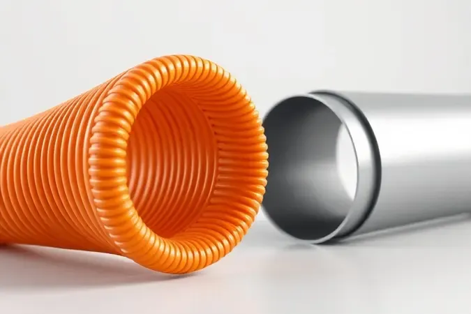 Comparação visual entre conduíte flexível corrugado laranja e conduíte rígido metálico em renderização 3D.