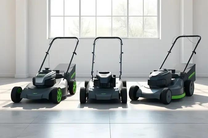 Render 3D de três cortadores de grama genéricos enfileirados em garagem moderna iluminada para comparação visual