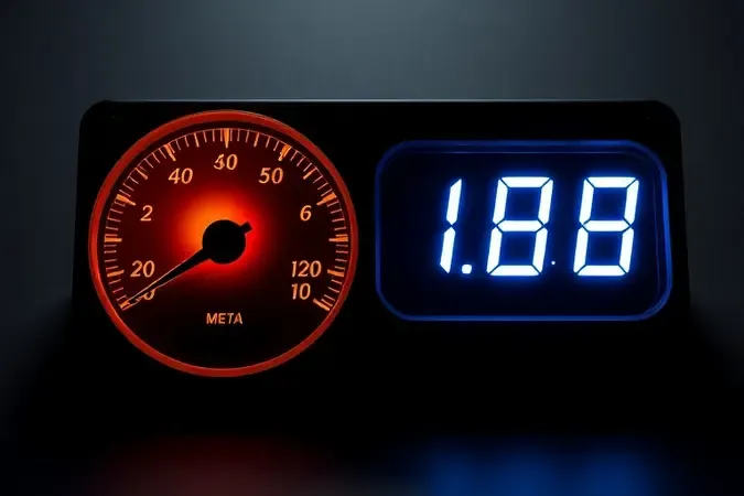 Comparação conceitual em 3D entre display digital e analógico de multímetro com iluminação dividida em tons quentes e frios