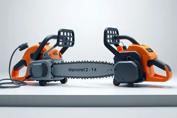 Comparação conceitual lado a lado entre eletrosserra com cabo elétrico e motosserra com tanque de combustível em renderização 3D limpa.