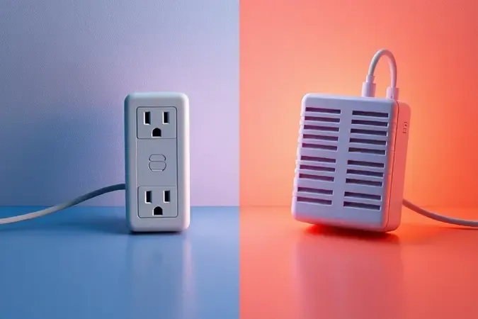 Renderização 3D comparando extensão elétrica simples e filtro de linha lado a lado.
