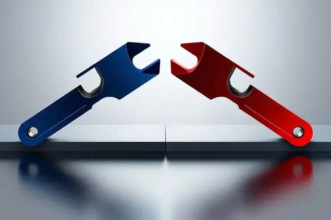 Render 3D conceitual comparando duas linhas de ferramentas com acabamentos azul e vermelho em composição simétrica minimalista