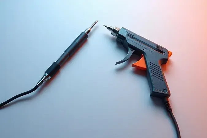 Render 3D comparativo de ferro de solda tipo lápis e pistola lado a lado em superfície neutra com iluminação suave de estúdio.