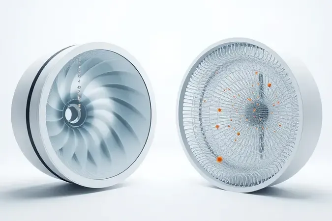 Comparação conceitual entre sistema de filtragem ciclone e filtro HEPA em renderização 3D com partículas de ar e estruturas de filtro visualizadas.