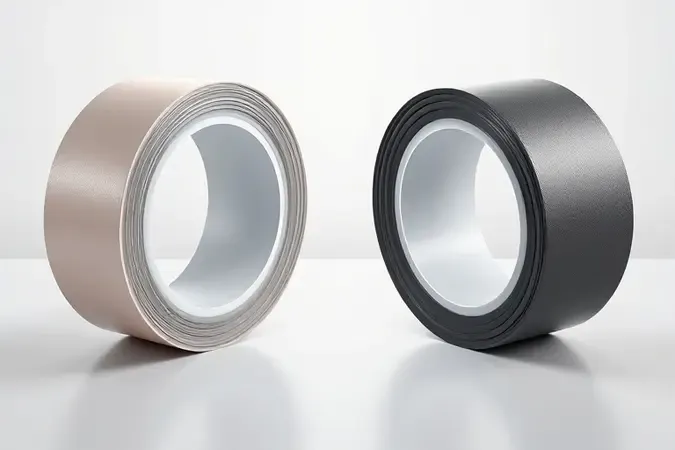 Comparação visual 3D entre fita isolante de PVC lisa e fita de borracha de autofusão com textura acetinada.