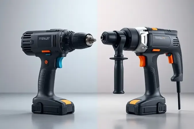 Comparação visual 3D entre furadeira de impacto e martelete lado a lado, destacando as diferenças no mandril e na construção para ajudar na escolha.
