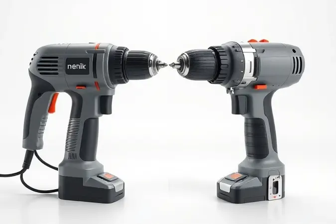 Comparação conceitual 3D entre furadeira comum e furadeira de impacto genéricas com design robusto e iluminação dividida.