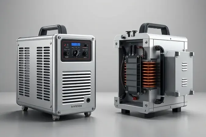Comparação visual 3D entre máquina de solda inversora compacta moderna e transformador tradicional robusto lado a lado