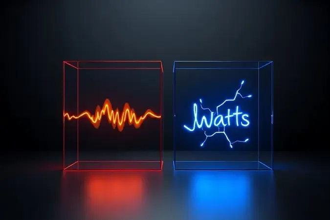 Render 3D conceitual comparando medição de força de impacto em joules e potência em watts para ferramentas de demolição.