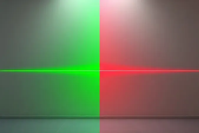 Comparação visual 3D entre feixes de laser verde e vermelho projetados em superfície neutra.