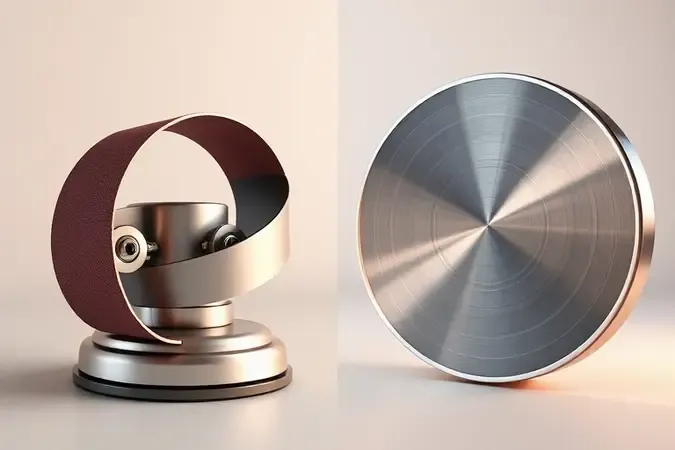 Comparação conceitual 3D entre mecanismo de lixadeira de cinta e lixadeira de disco lado a lado em composição dividida