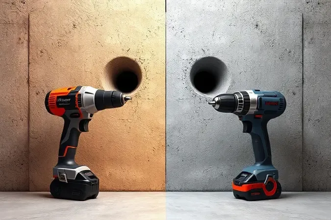 Comparação 3D entre martelete SDS-Plus e furadeira comum diante de parede de concreto, destacando diferença de desempenho.