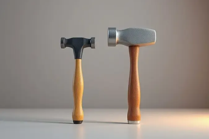 Comparação visual 3D entre um martelo comum e uma marreta lado a lado, destacando diferenças de tamanho e formato da cabeça.