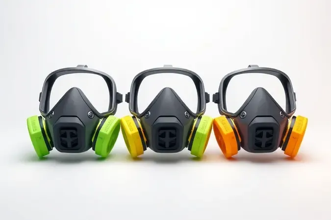 Render 3D conceitual comparando três níveis de proteção de máscaras respiratórias com diferenciação sutil por cores.