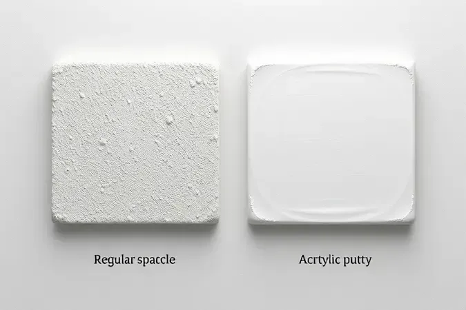 Duas amostras de superfície de parede em 3D comparando textura de massa corrida e massa acrílica lado a lado.