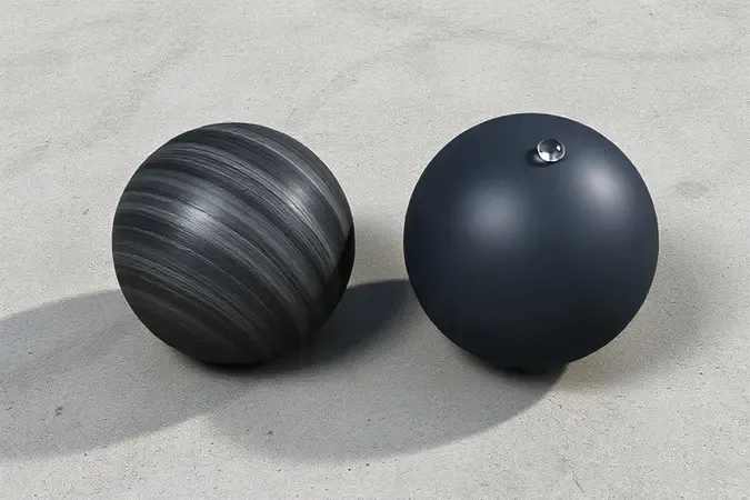 Renderização 3D comparando materiais de bomba: esfera de ferro fundido e polímero com gotas d'água sobre superfície.
