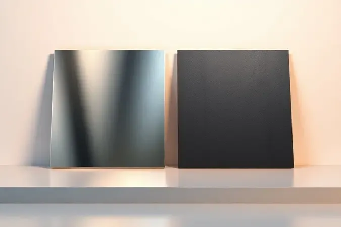Comparação conceitual entre amostras de materiais metálicos para alicates: aço inoxidável polido e aço carbono com acabamento fosco.