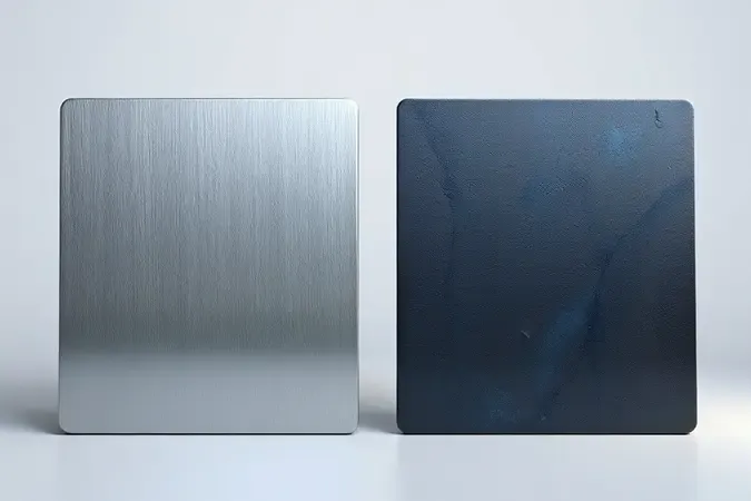 Comparação conceitual entre superfícies de aço inoxidável e aço carbono em render 3D com texturas realistas e iluminação profissional.