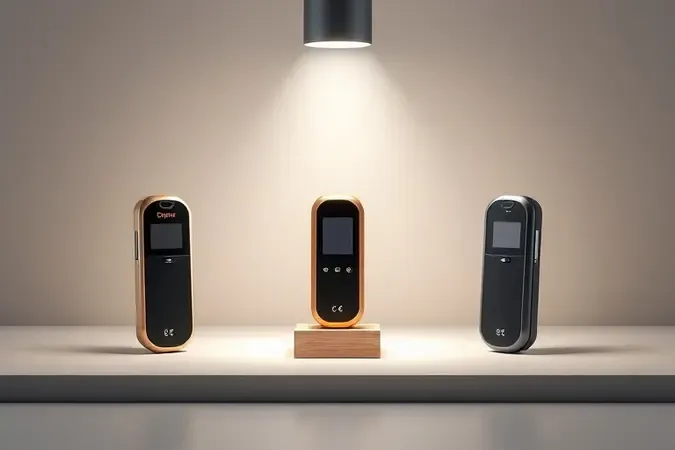 Render 3D conceitual com tres modelos de medidores de umidade lado a lado para comparacao