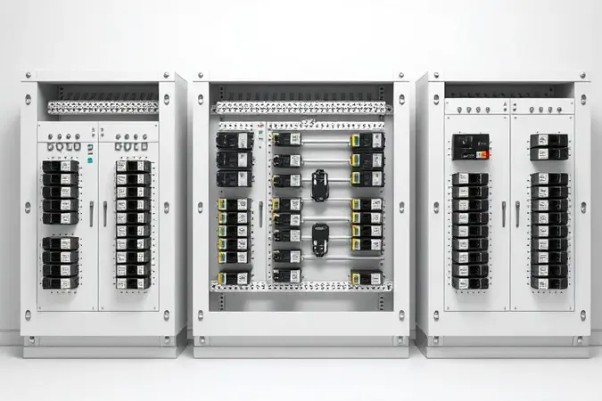 Comparação 3D de capacidades de módulos DIN em quadros de distribuição elétrica com diferentes tamanhos.