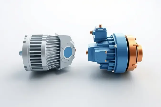 Comparação conceitual 3D entre motor brushless e motor comum de esmerilhadeira com design técnico limpo