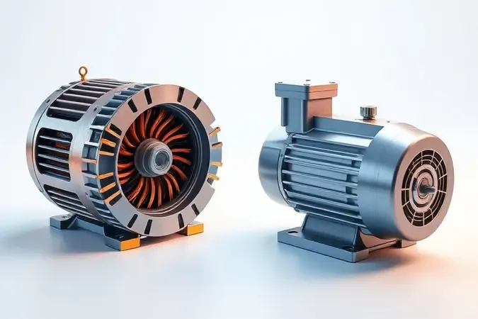 Renderização 3D conceitual comparando motor de indução com enrolamentos de cobre e motor universal compacto lado a lado.