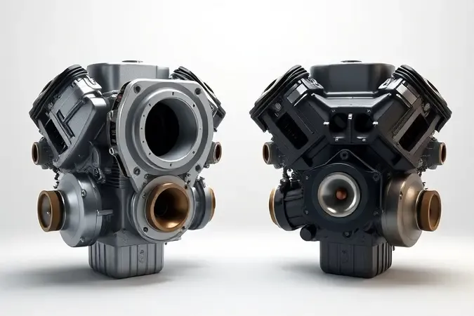 Comparação conceitual 3D entre motor dois tempos e quatro tempos para roçadeiras a gasolina.