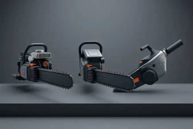 Comparação conceitual entre motosserra a combustão, a bateria e elétrica em renderização 3D premium
