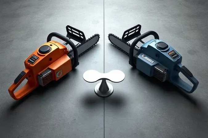 Render 3D conceitual comparando motosserra a gasolina e motosserra a bateria sem marcas com balança simbólica entre elas.