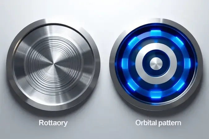 Comparação conceitual entre padrão de movimento rotativo e orbital representado por painéis circulares abstratos com texturas metálicas.