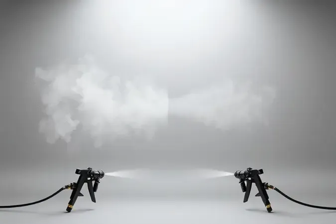 Render 3D comparando padrões de pulverização de pistola de alta e baixa pressão em estúdio