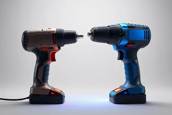 Comparação conceitual em 3D entre furadeiras de impacto para uso residencial e profissional com iluminação distinta.