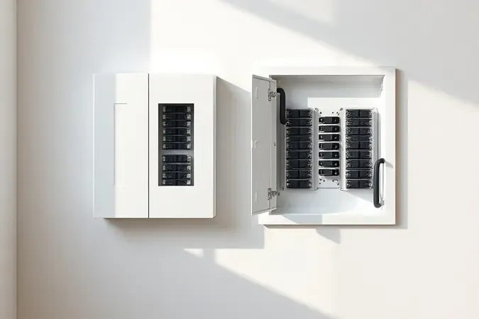 Comparação conceitual entre quadro de distribuição de sobrepor e embutir em render 3D com iluminação natural suave