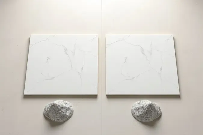 Comparação conceitual entre argamassas Quartzolit e Votomassa representada por duas placas de porcelanato com texturas diferentes