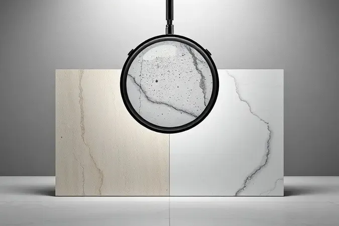 Comparação conceitual 3D entre rejunte acrílico e resinado em amostras de porcelanato sob lente de aumento.