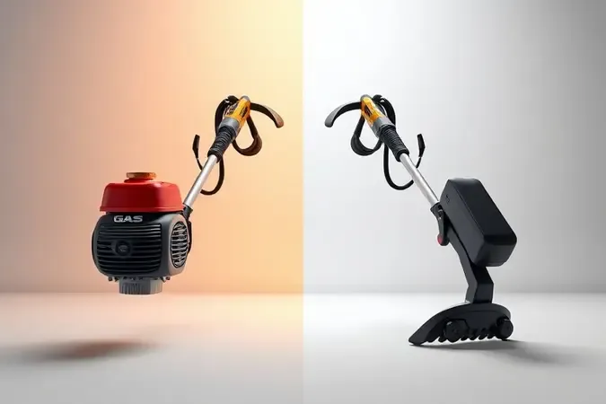 Comparação conceitual 3D entre roçadeira a gasolina e roçadeira a bateria lado a lado em composição minimalista.